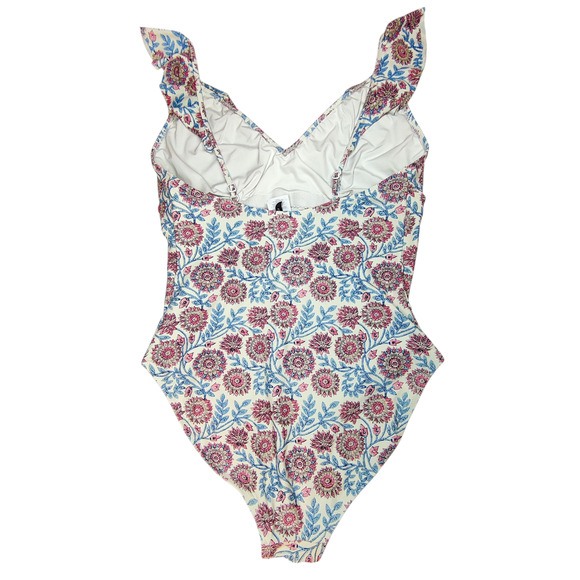 J. Crew Ruffle V Neck One Piece Swimsuit Floral Vine Block Print Sz 12 Pink Blue - Picture 3 of 14